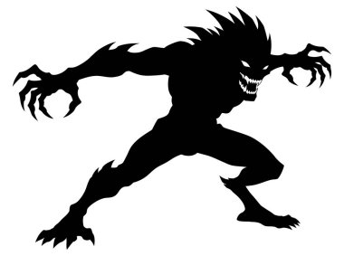 Keskin dişleri ve pençeleri olan korkunç bir yaratığın silueti.
