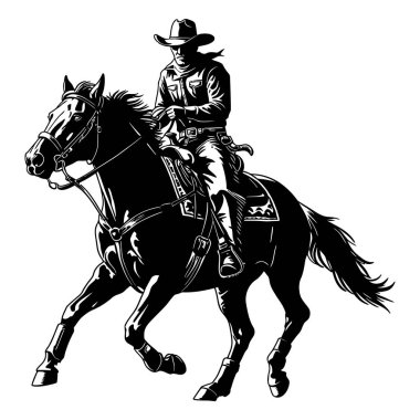 Ovalarda Siyah At süren bir Kovboy.