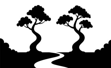 İki Ağaç ve Yolu Olan Huzurlu Siyah ve Beyaz Manzara