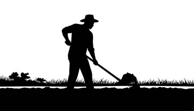 Güneşli bir günde toprağı işlerken çiftçinin silueti