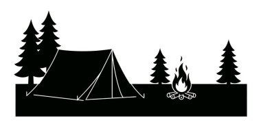 Çadır ve Şenlik Ateşi Silueti ile vahşi doğada kamp yapmak