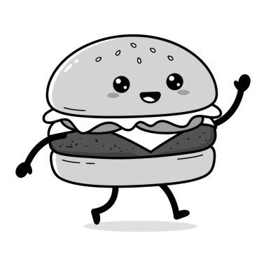 Yürüyen Animasyon Burger Kawaii Gözlü ve Gülümseyen Yüzlü