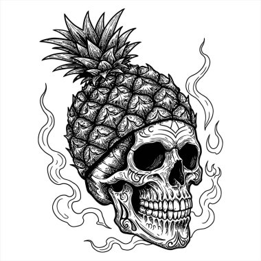 Ananas Şapkalı Kafatası Duman Elle Çizilmiş Çizim