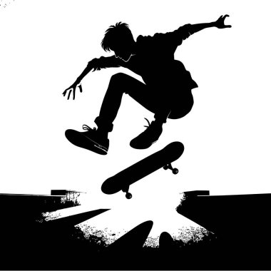 Yüksek Uçan Kaykaycı Silueti Beyaz Arkaplan Ekstrem Spora Karşı