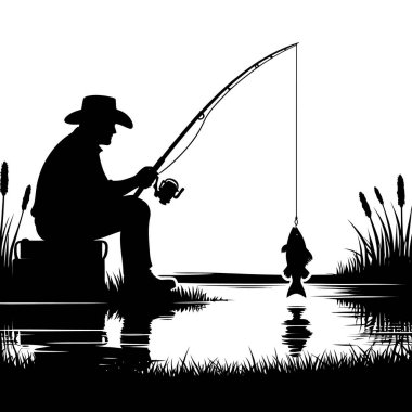 Siluet Adam Rıhtımda Balık Yakalıyor Kancalı Sanatta