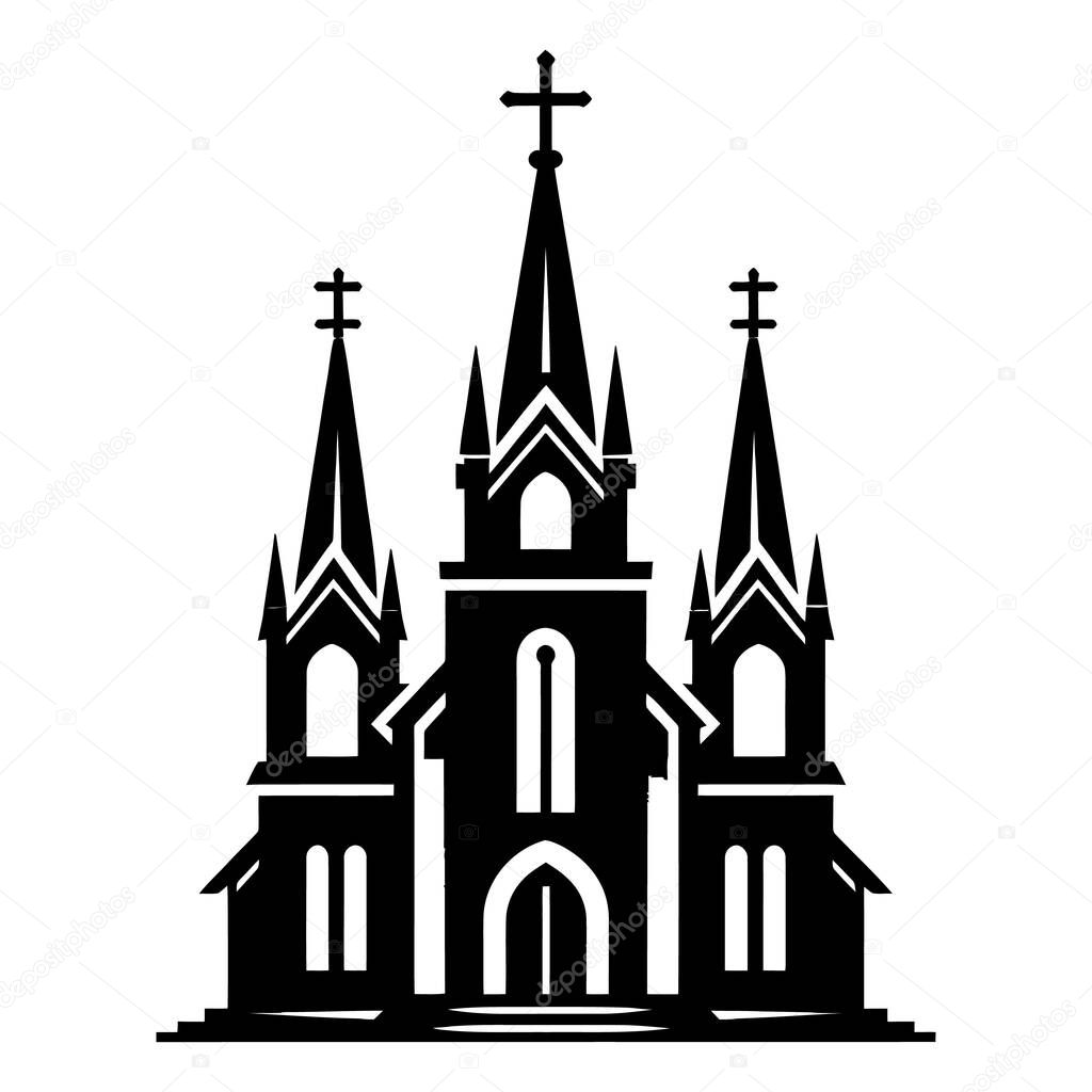 Silhouette Of Church Building With Cross Isolated On White Background