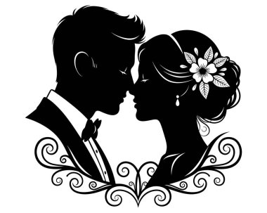 Çiçek aksanlı bir gelin ve damadın güzel bir silueti düğün davetiyeleri veya kartlar için mükemmel. Romantik ve zarif bir eser.