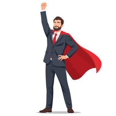 Takım elbiseli ve pelerinli kendine güvenen bir işadamı yumruğunu havaya kaldırarak başarıyı ve liderliği kararlılıkla simgeliyor.