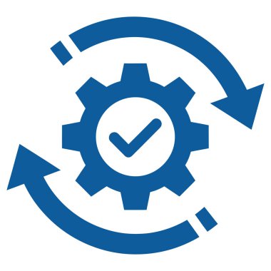 Dişli ve oklu bir otomasyonu gösteren mavi bir sembol. Süreç iyileştirme ve verimliliği için sürekli bir döngü akışını gösterir.