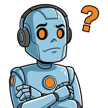 Soru işareti olan kafası karışmış bir robot, kulaklık takıyor, kafası karışmış ve belirsiz görünüyor, elimizdeki soruna çözüm bulmaya çalışıyor.