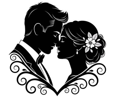 Öpüşmek üzere olan bir gelin ve damadın zarif silueti çiçeklerle çevrili, düğün davetiyeleri ve kartlar için mükemmel.