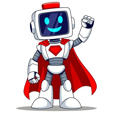 Neşeli bir robot süper kahraman pelerin ve gülümsemesiyle neşeli bir çizgi film tarzında neşeli ve iyimser bir şekilde ayakta duruyor. Harekete geçmeye hazır..