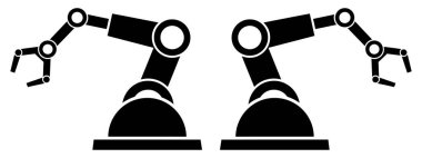 İki endüstriyel robot kolu, otomasyon ve modern üretim süreçlerini sembolize eden, katıksız siyah beyaz bir illüstrasyonda yer almaktadır. 