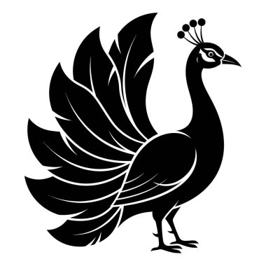 Detaylı tüyler sergilenen stilize bir kuş çizimi. Monokrom paleti çeşitli uygulamalar için zarif ve zamansız bir estetik yaratır.