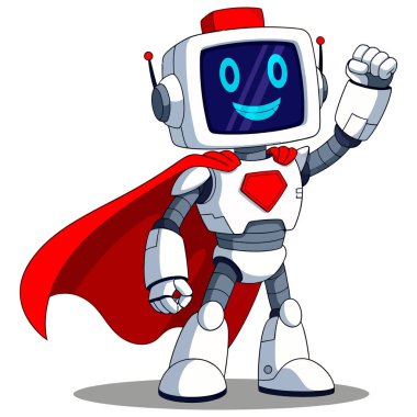 Kafası perdeli ve kırmızı pelerinli bir süper kahraman robot gururla ayakta duruyor, yüzünde bir gülümsemeyle günü kurtarmaya hazır.