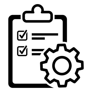 Kontrol işaretli ve teçhizatlı bir kontrol listesi. Ayarların ve görev yönetiminin sembolü. Süreç akışını ve sistem yapılandırma simgesini temsil eder