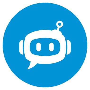 Dost canlısı, beyaz bir robot kafası, konuşma baloncuğu olan, mavi bir arka planda, ai, sohbet robotlarını ve dijital iletişimi temsil eden,.