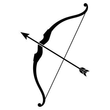 Okçuluk, avcılık, spor ve atış talimi için siyah beyaz ok ve yay çizimi. Basit ve minimalist stil