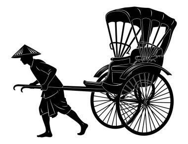 a silhouette shows a man pulling a rickshaw. the simple black and white drawing depicts traditional transport from asia in vintage style