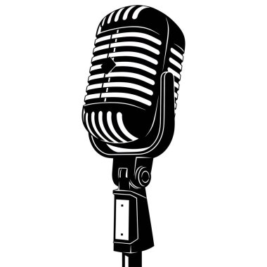 Eski bir mikrofonun siyah-beyaz çizimi, retro ses ekipmanlarının özünü detaylı bir yorumlama tarzında yakalıyor.. 