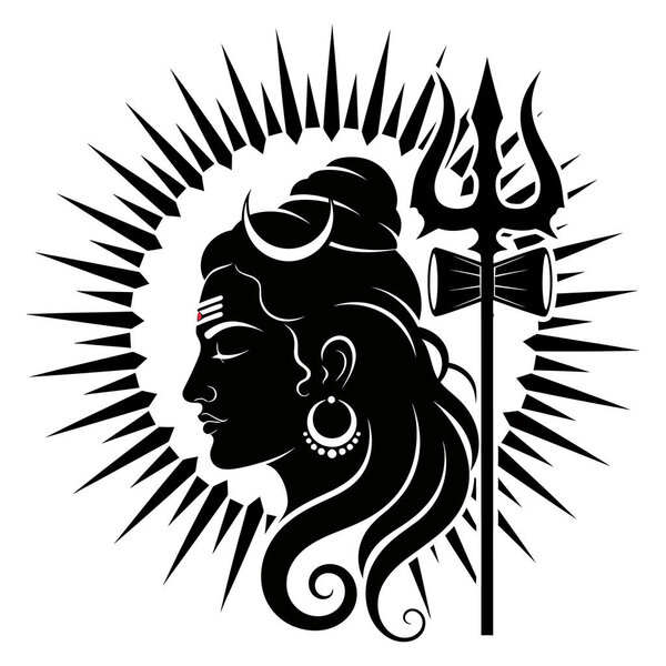 a monochrome rendition showcasing shiva with his trident framed by sun rays, embodying spiritual power and hindu cultural symbolism.