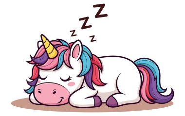 Gökkuşağı Yelesi ve Kuyruk İllüstrasyonlu Sevimli Uyuyan Tekboynuz