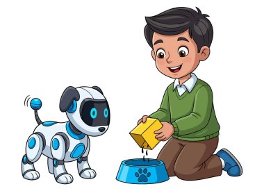 Genç çocuk mavi bir kaseden elektronik robot köpeğini besliyor.