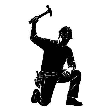 Bir inşaat işçisinin silueti. Sert bir şapka takıyor ve diz çökerken çekiç tutuyor.