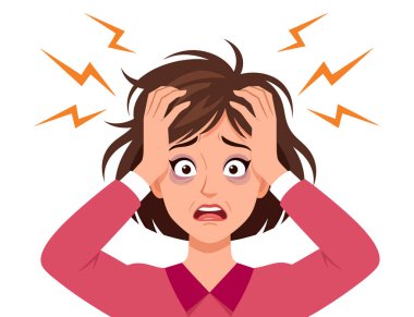 Şiddetli stres ve baş ağrılarından muzdarip bir kadın umutsuzluk içinde başını tutuyor.