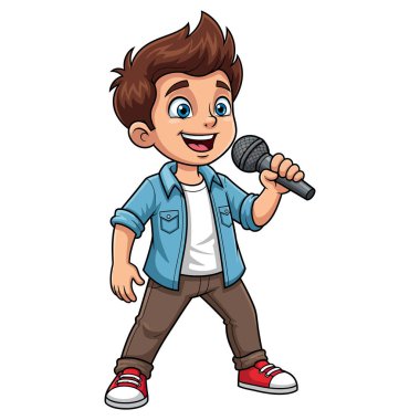 Elinde mikrofonla şarkı söyleyen genç bir çocuk.