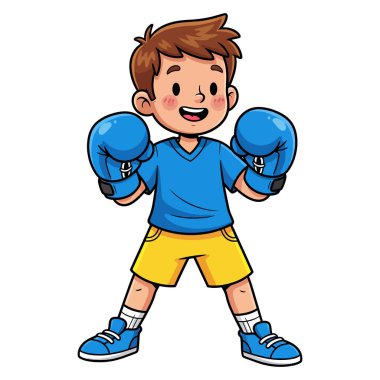 Genç Çocuk Boks Maçına Hazır Mavi Eldiven ve Sarı Şort Giyiyor