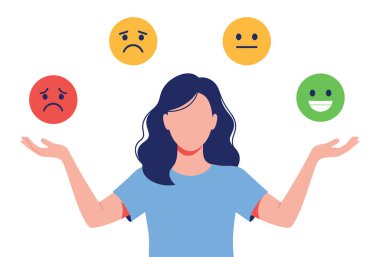 Mutlu ve üzgün yüzlerle farklı duygu ve ifadelerle hokkabazlık yapan kadın.