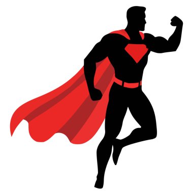Güçlü süper kahraman silueti kasları kasmaya hazır Kırmızı pelerin ve amblem takıyor