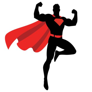 Güçlü süper kahraman kendinden emin bir şekilde pelerin ve güçlü fizikle poz veriyor.