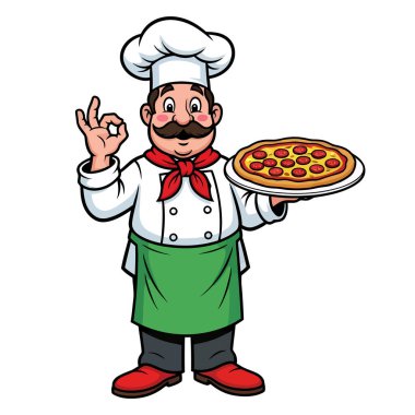 Usta Şef leziz Pepperoni Pizza 'yı sunar Dostça bir jestle servis etmeye hazır