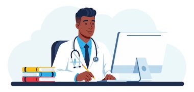 Masada Tıbbi Kitaplarla Bilgisayar Üzerinde Çalışan Doktor