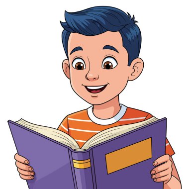 Mutlu genç çocuk renkli sayfalar ve resimlerle dolu açık bir kitap okuyor.