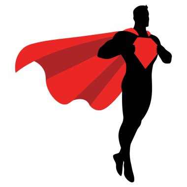 Kırmızı pelerinli ve sembollü uçan bir süper kahramanın silueti.