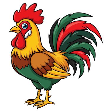 Renkli Kuyruk Tüyleri ve Uyanık Gözleriyle Canlı Çizgi Film Horozu