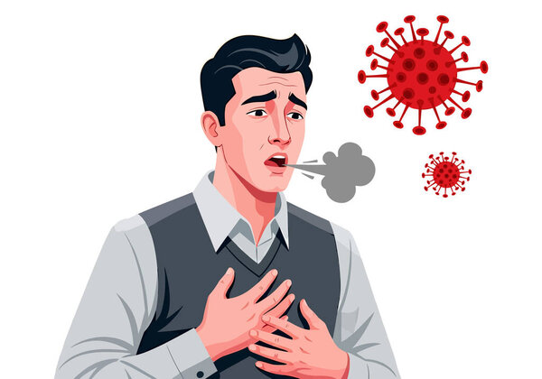 Человек кашляет и чувствует себя нехорошо с вирусами вокруг него иллюстрируя болезнь