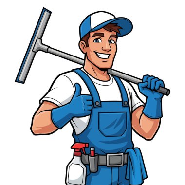 Profesyonel Pencere Temizleyicisi Ekipmanla Başparmakları Yukarı Gösteriyor