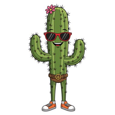 Barış Sembol Kemeri ile Güneş Gözlüğü ve Ayakkabı Giyen Cool Kaktüs Karakteri