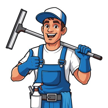 Profesyonel Pencere Temizleyicisi Başparmağını kaldırıyor ve Squegee 'yi Çalışmaya Hazır Tutuyor