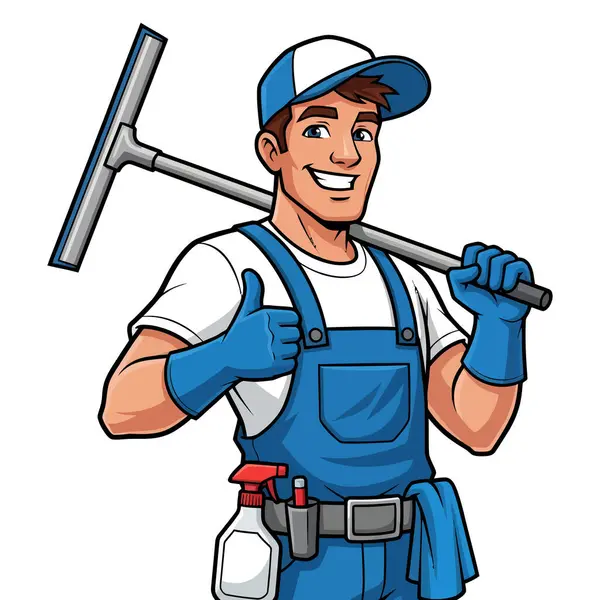 Profesyonel Pencere Temizleyicisi Ekipmanla Başparmakları Yukarı Gösteriyor