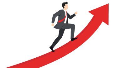 İşadamı büyüyen kırmızı okla yukarı doğru koşuyor. Bu da başarı ve ilerlemeyi simgeliyor.