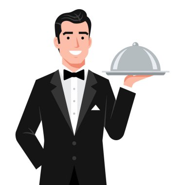 Profesyonel Garson Bey gümüş tabakta lezzetli yemekler servis ediyor.