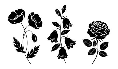 İçinde gelincikler, çan çiçekleri ve klasik bir gül çiçekleri olan narin çiçekli siluetler.