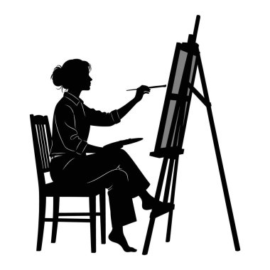 Sanatçı şövaleye palet ve fırçayla bir başyapıt çiziyor.