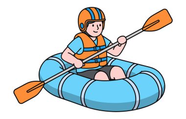 Can yeleği giymiş bir adam nehir macerası için salda kürek çekiyor.