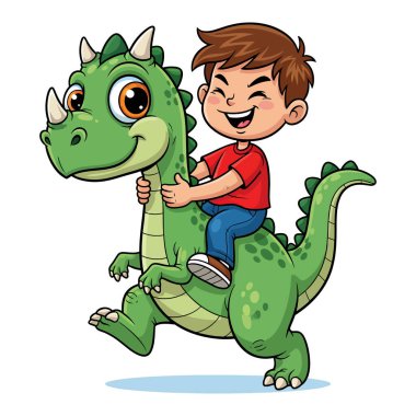 Genç bir çocuk dost canlısı yeşil bir dinozora biniyor